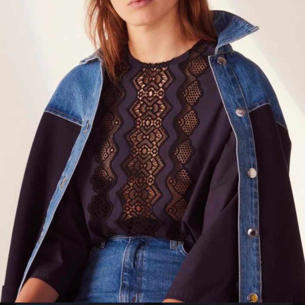Nwot Sandro Navy Blouse With Black Braid Trim